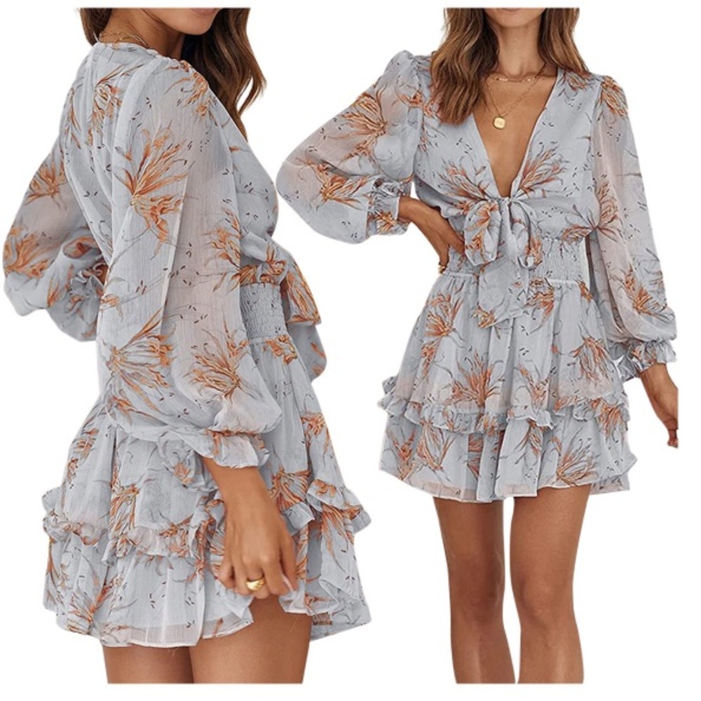 Flower Print Deep V-Neck Long Sleeve Ruffled One-Piece NWOT